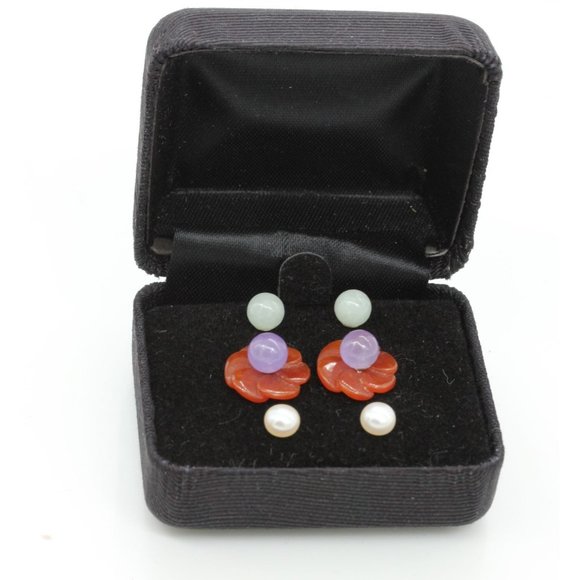 6 pairs 925 STERLING GSI Hong Kong, pearl, jade earring set vintage in case - Picture 1 of 8